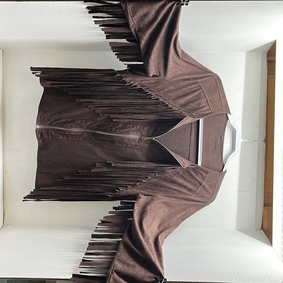 Fringe, light suede feel jacket, large-ext large, zipper front, dark brown - Picture 10 of 12